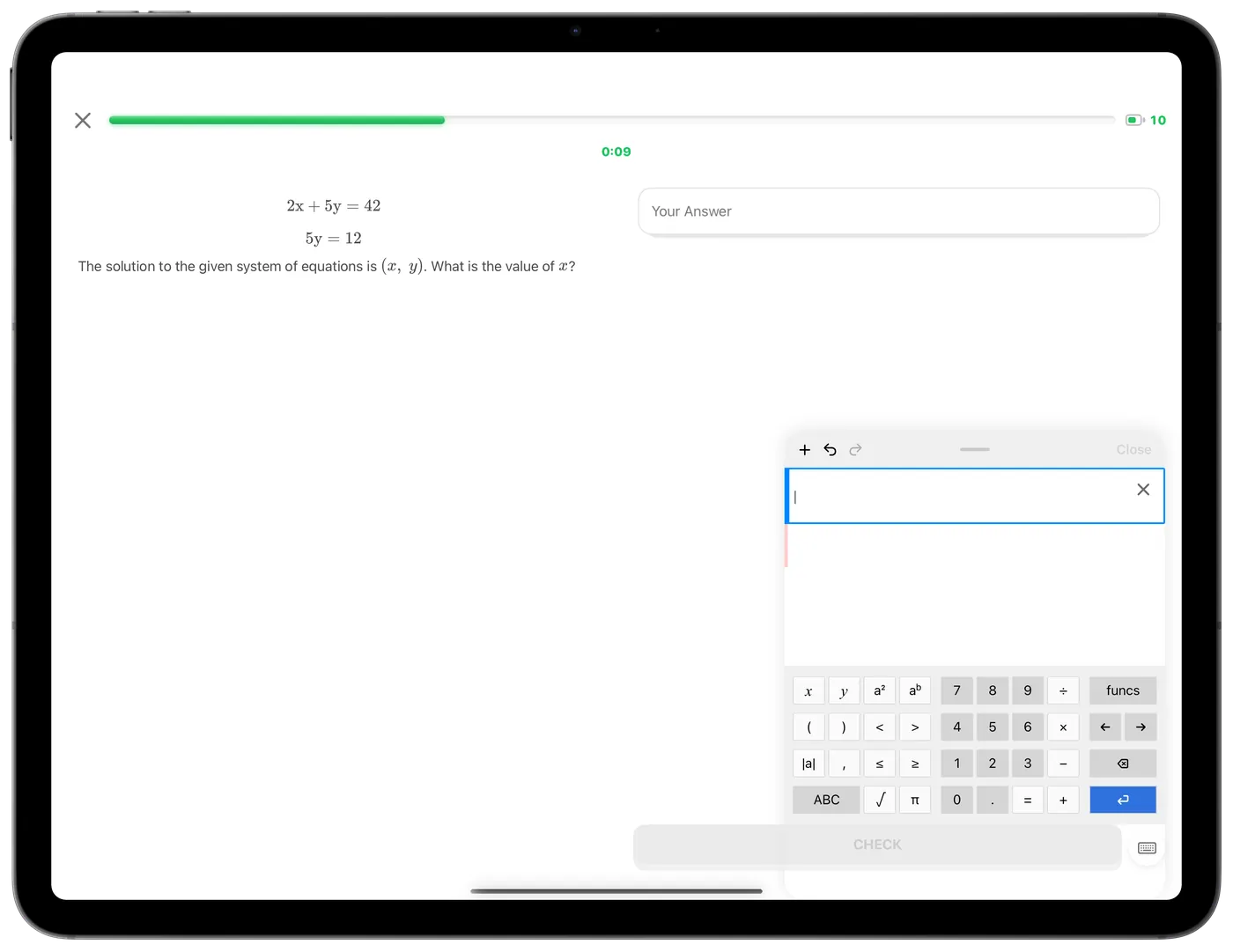 Brainblast on iPad showing an SAT math question with the answer input and math keyboard