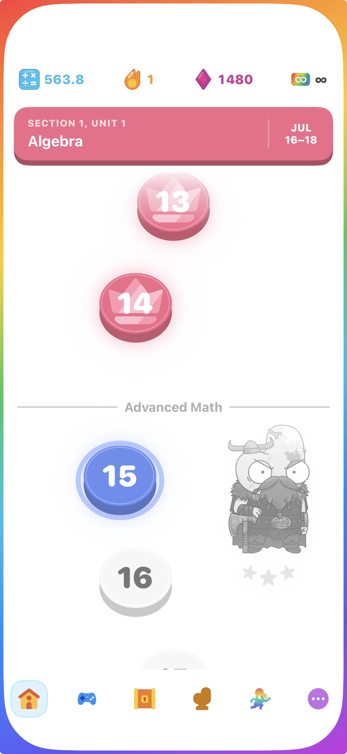 Brainblast home screen showing the level path, daily streak, and SAT score