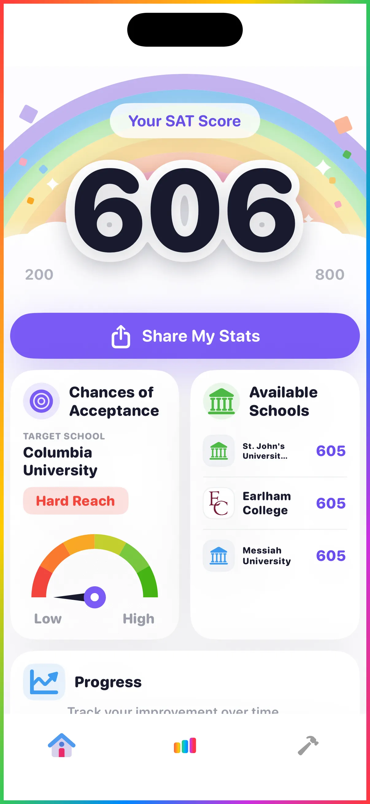 Brainblast stats screen showing SAT score, school acceptance, available schools, and progress